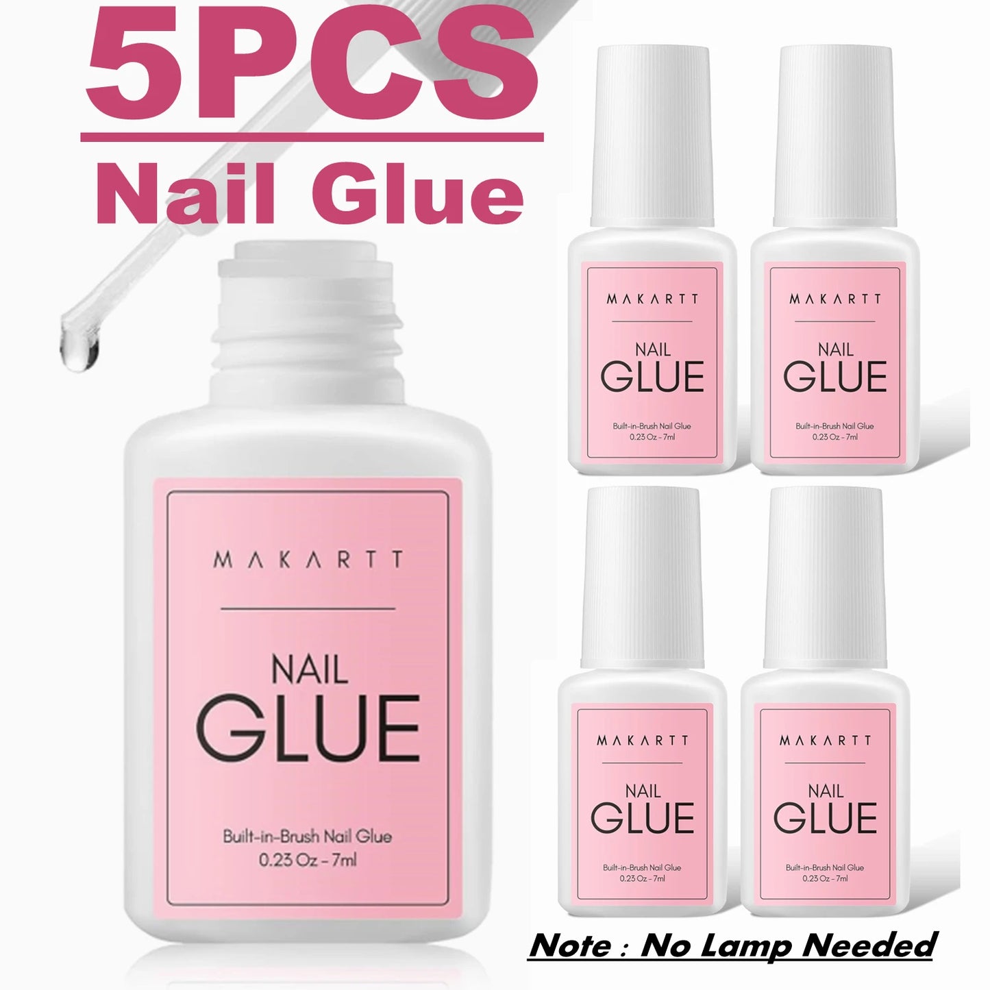 Five bottles of Makartt nail glue with pink labels on a white background.