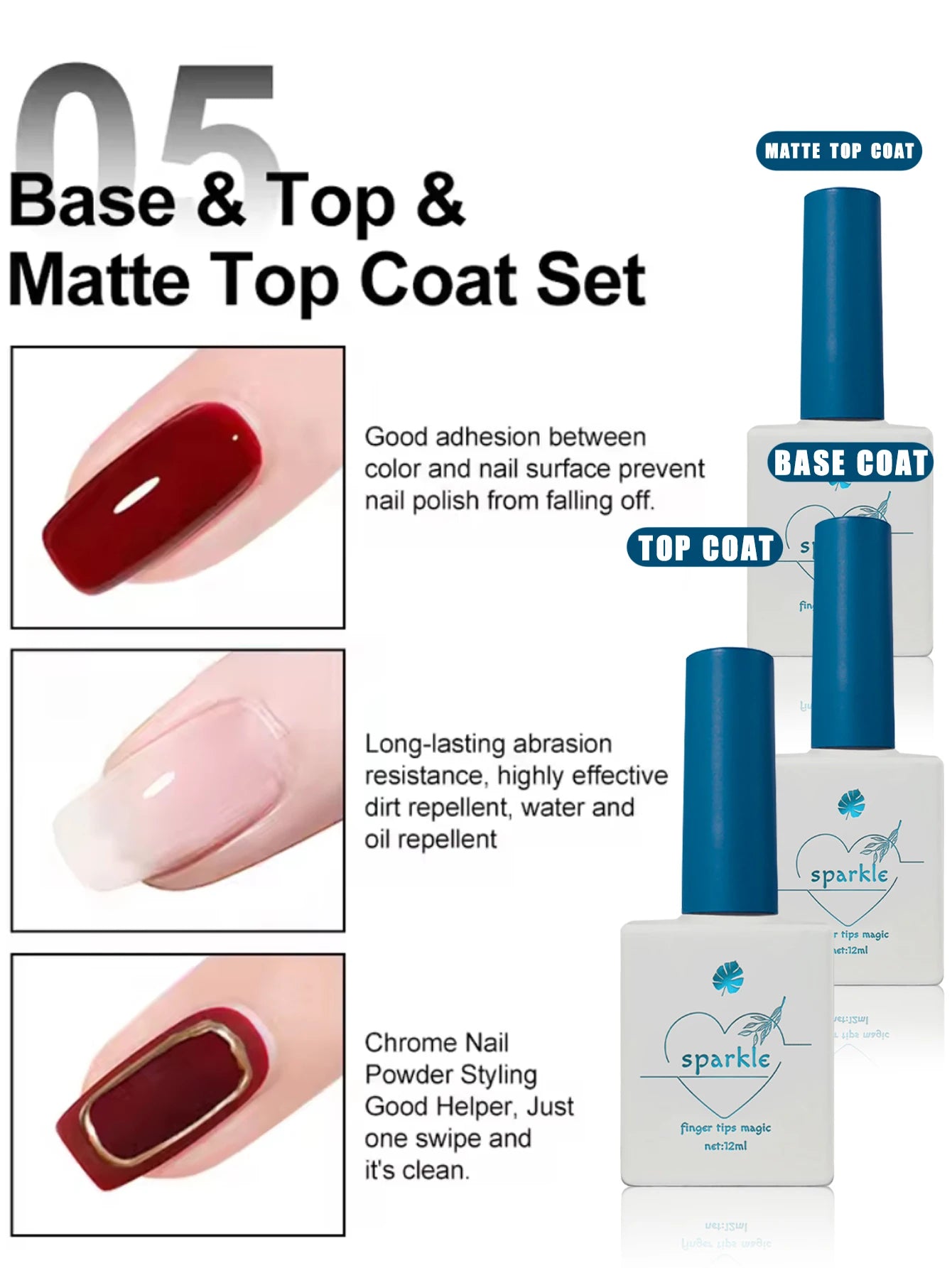 Nail polish set with base, top, and matte top coat packaging on a white background.