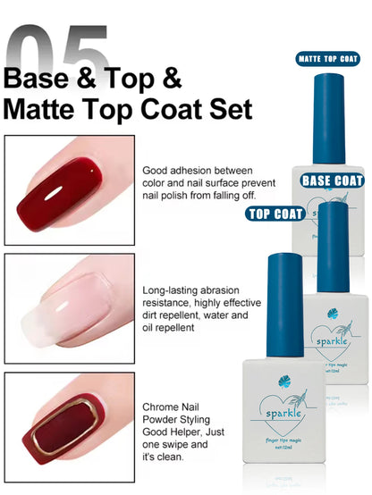 Nail polish set with base, top, and matte top coat packaging on a white background.