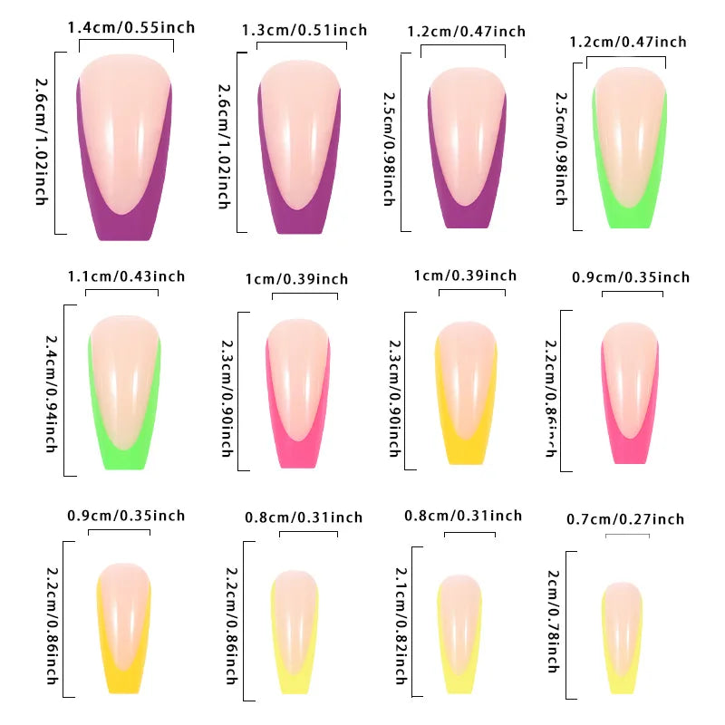 Set of nail extensions with measurements in inches and centimeters on a white background
