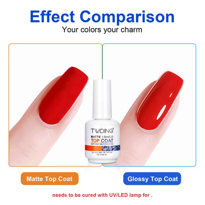 Comparison of matte and glossy top coats on nails with a bottle labeled 'TWOING'.