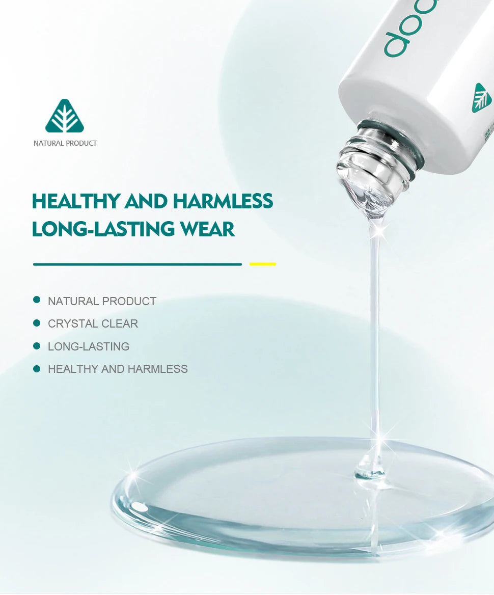 Product being poured onto a surface with text highlighting its benefits on a light blue background.