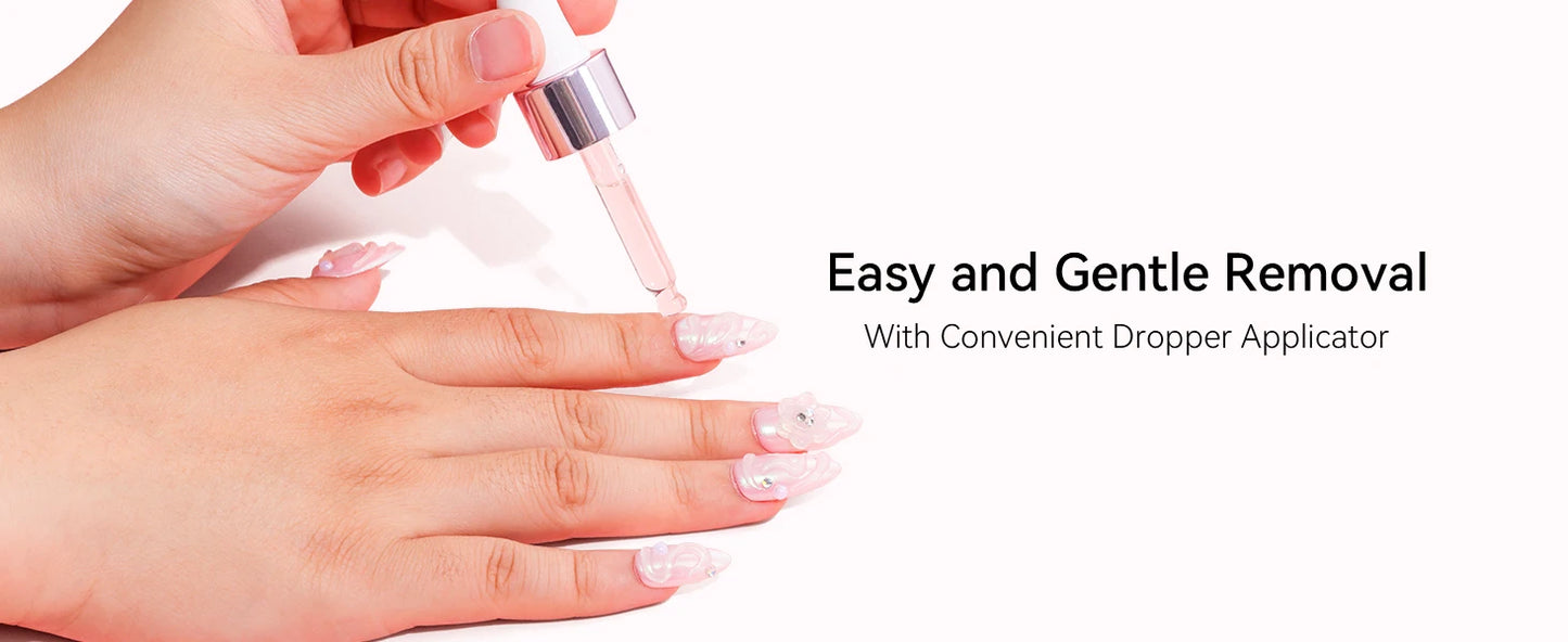 Hand using a dropper applicator with text 'Easy and Gentle Removal With Convenient Dropper Applicator' on a white background