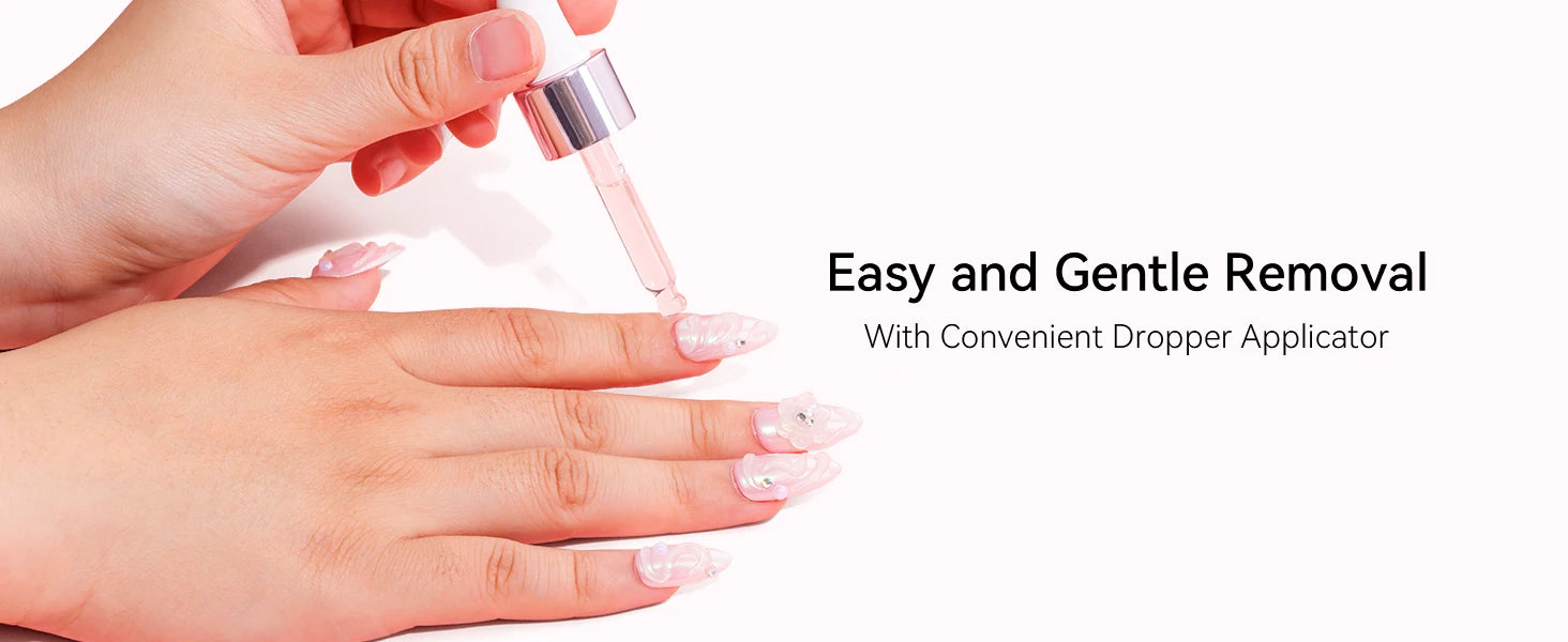 Hand using a dropper applicator with text 'Easy and Gentle Removal With Convenient Dropper Applicator' on a white background