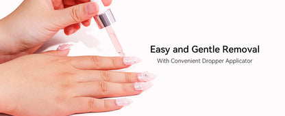 Hand using a dropper applicator with text 'Easy and Gentle Removal With Convenient Dropper Applicator' on a white background