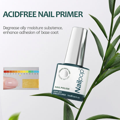Nail primer bottle with green leaves and pH test strip on a light background
