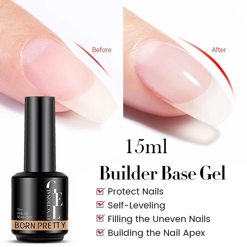 15ml Builder Base Gel bottle with 'Before' and 'After' nail comparison on a white background