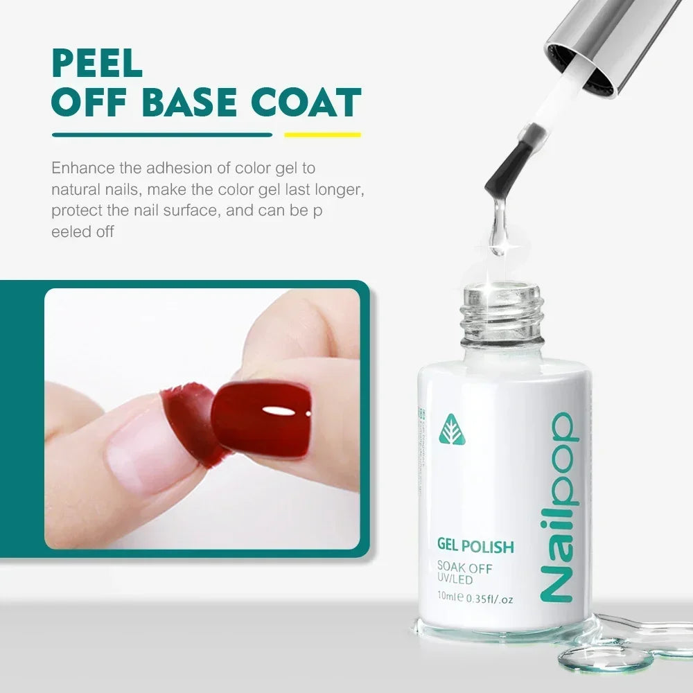 Nail polish bottle with applicator and text about peel-off base coat on a white background