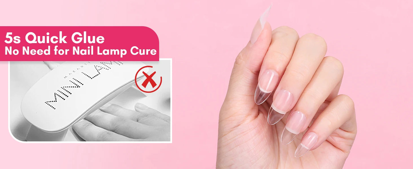 Hand with clear nail polish holding a nail glue device on a pink background