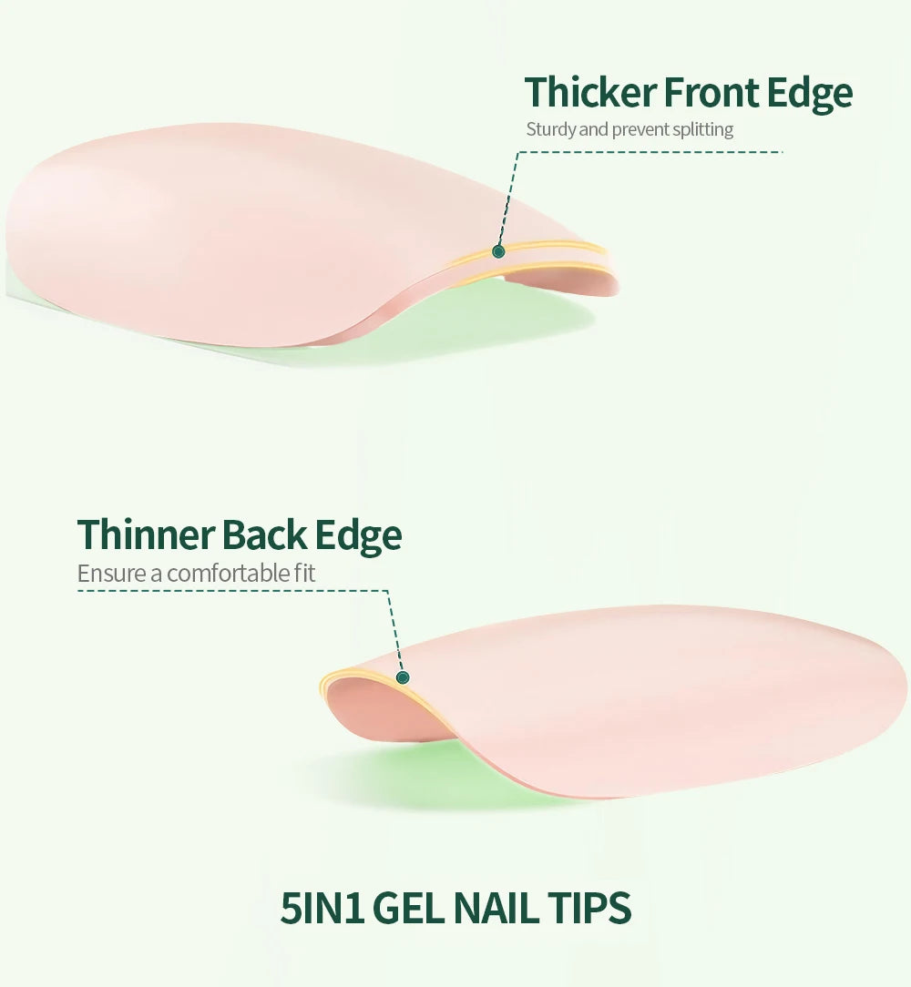 5in1 gel nail tips with labeled front and back edges on a white background