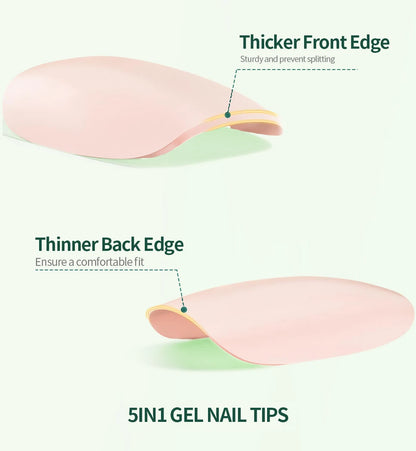 5in1 gel nail tips with labeled front and back edges on a white background