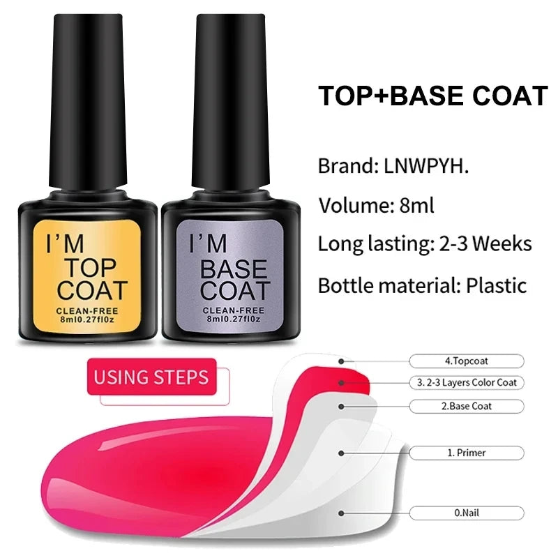 Two nail polish bottles labeled 'Top Coat' and 'Base Coat' with product details on a white background.