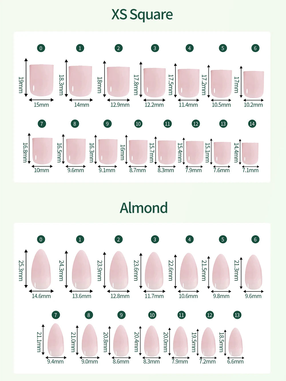 Nail tip size chart comparing XS Square and Almond shapes with measurements.