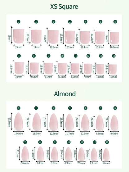 Nail tip size chart comparing XS Square and Almond shapes with measurements.