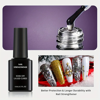 Nail strengthener bottle with application process and decorated nails on a white background