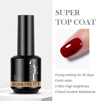 Born Pretty Gel Polish bottle with a red nail and product features on a white background