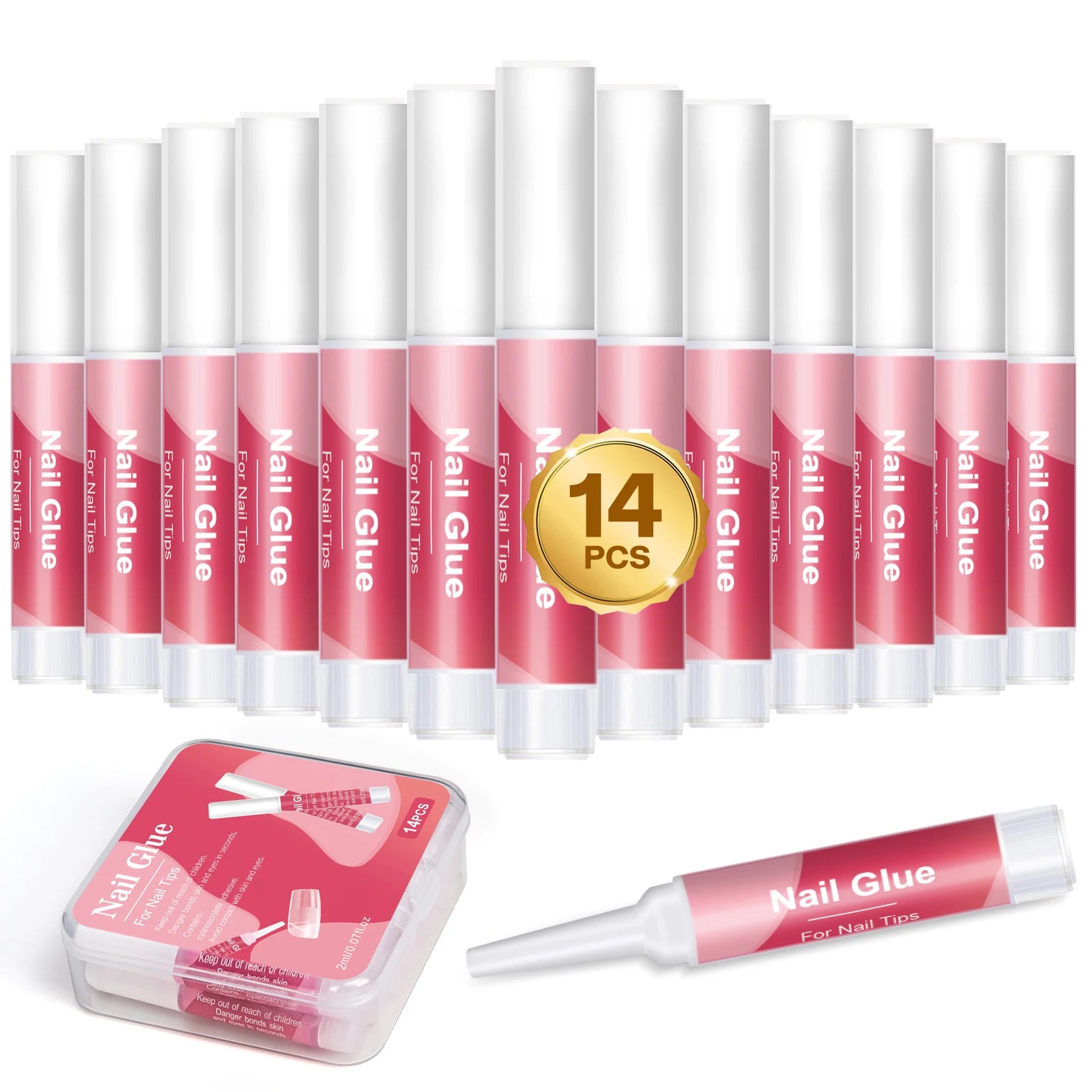 14-pack of nail glue with packaging on a white background
