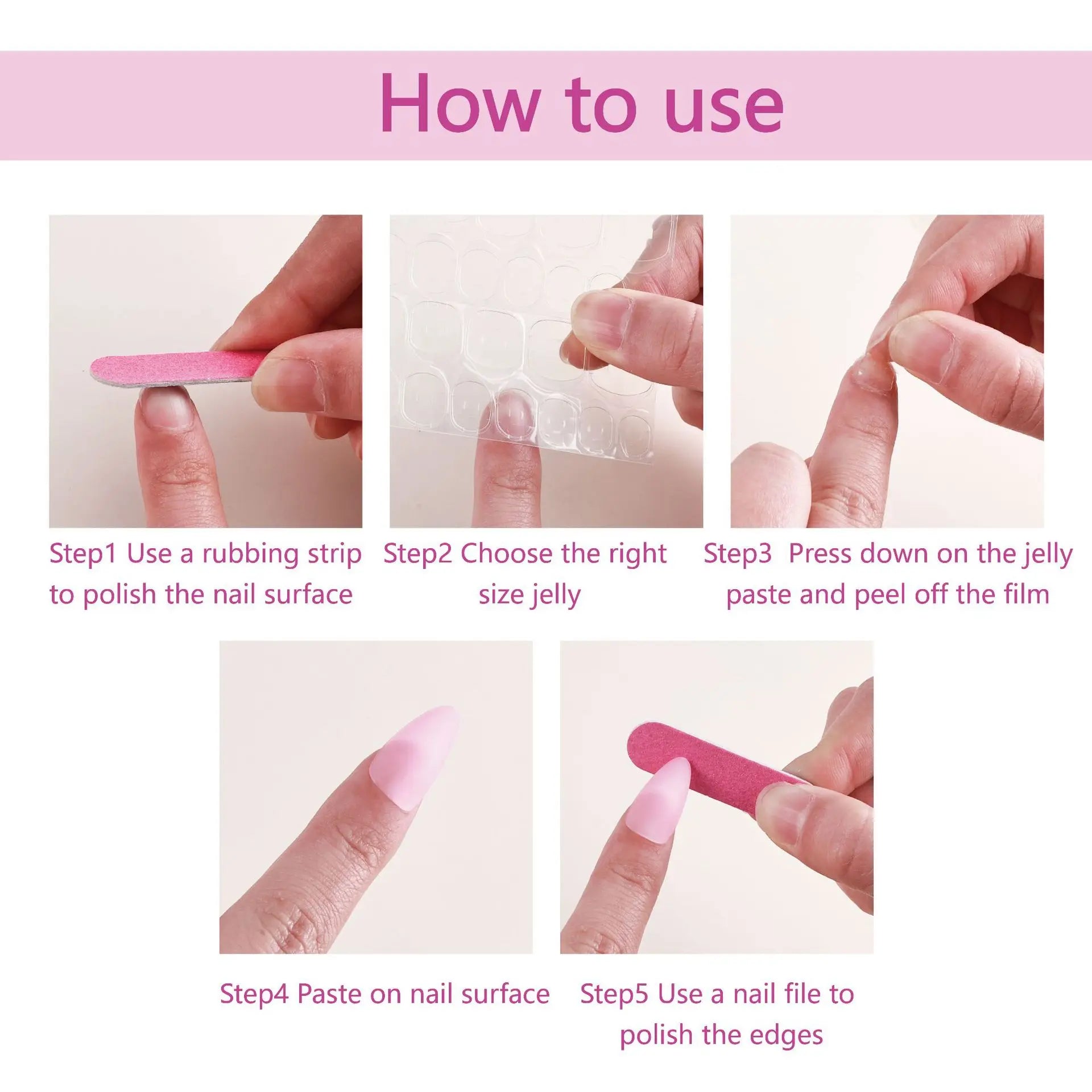 Step-by-step guide on how to use a nail care product with pink text and images.