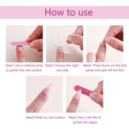 Step-by-step guide on how to use a nail care product with pink text and images.