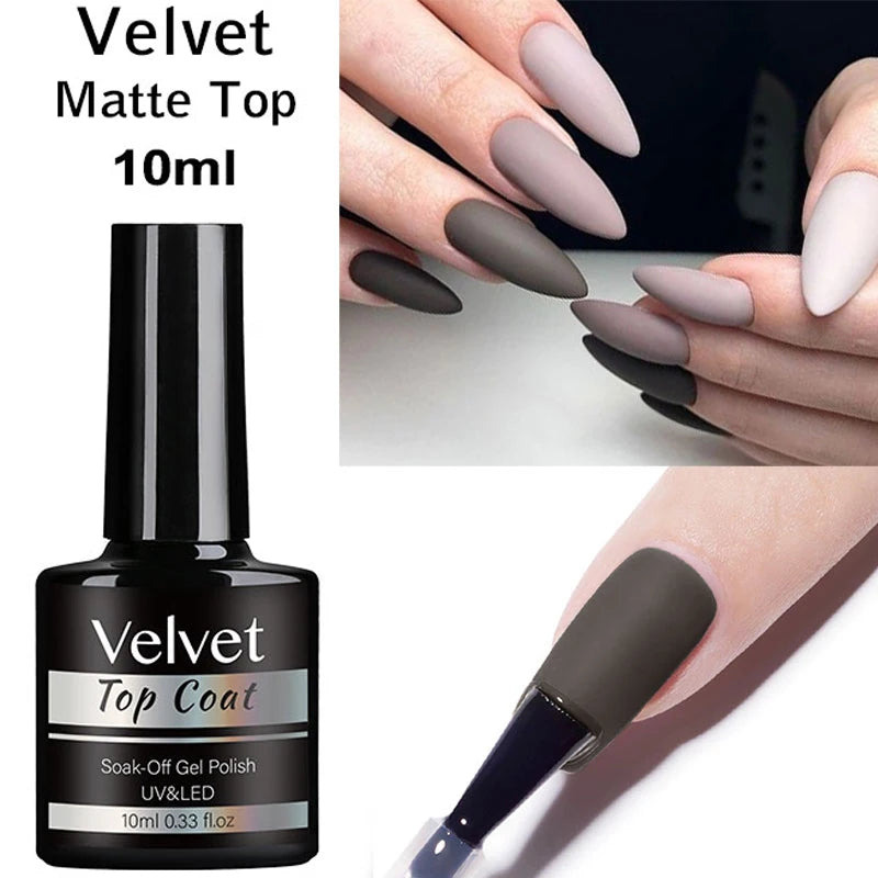 Velvet Matte Top coat bottle with application on nails