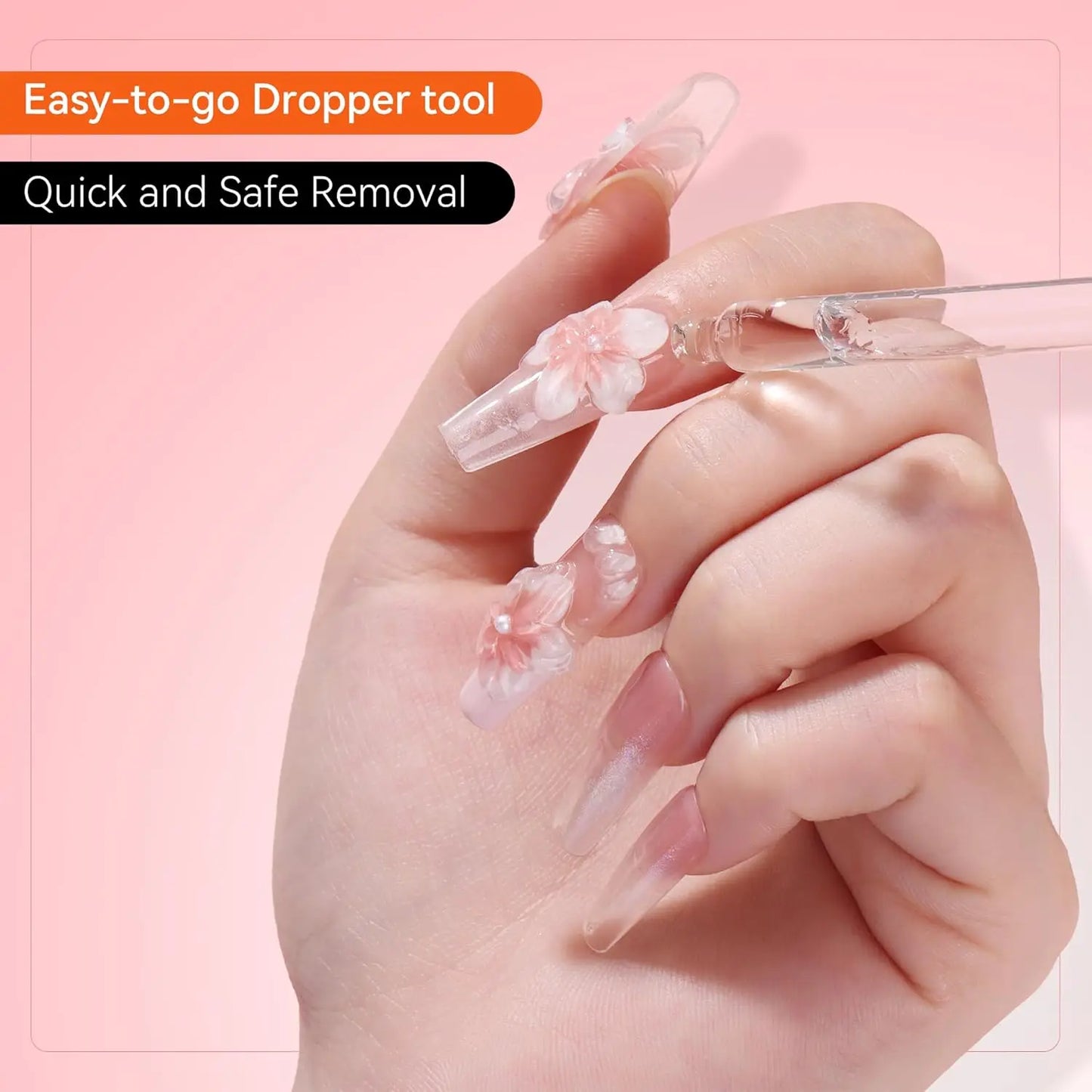Hand using an easy-to-go dropper tool with a pink background