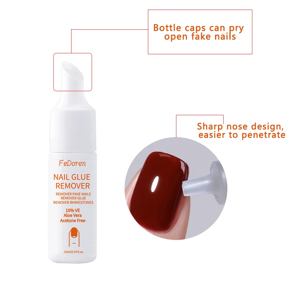 FeDoren nail glue remover bottle with close-up of cap and product, on a white background.