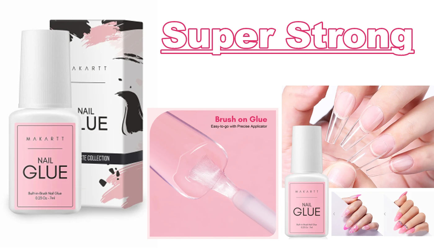 Macart nail glue product with packaging, application brush, and close-up of nails.