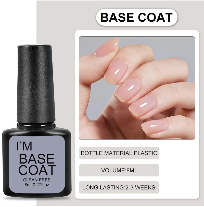 Nail base coat bottle with a close-up of nails wearing the base coat on a gray background.