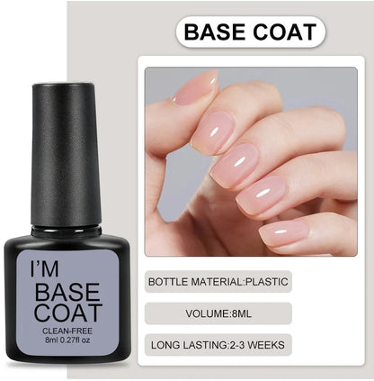 Nail base coat bottle with a close-up of nails wearing the base coat on a gray background.