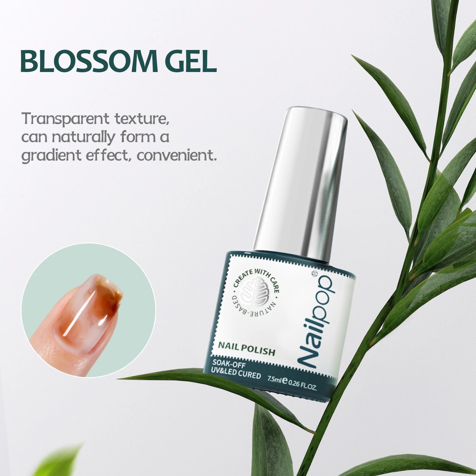 Nail polish bottle with 'Nailpop' branding on a light background with green leaves.