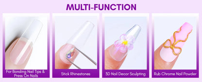 Multifunctional nail art tool set with various applications on a purple background
