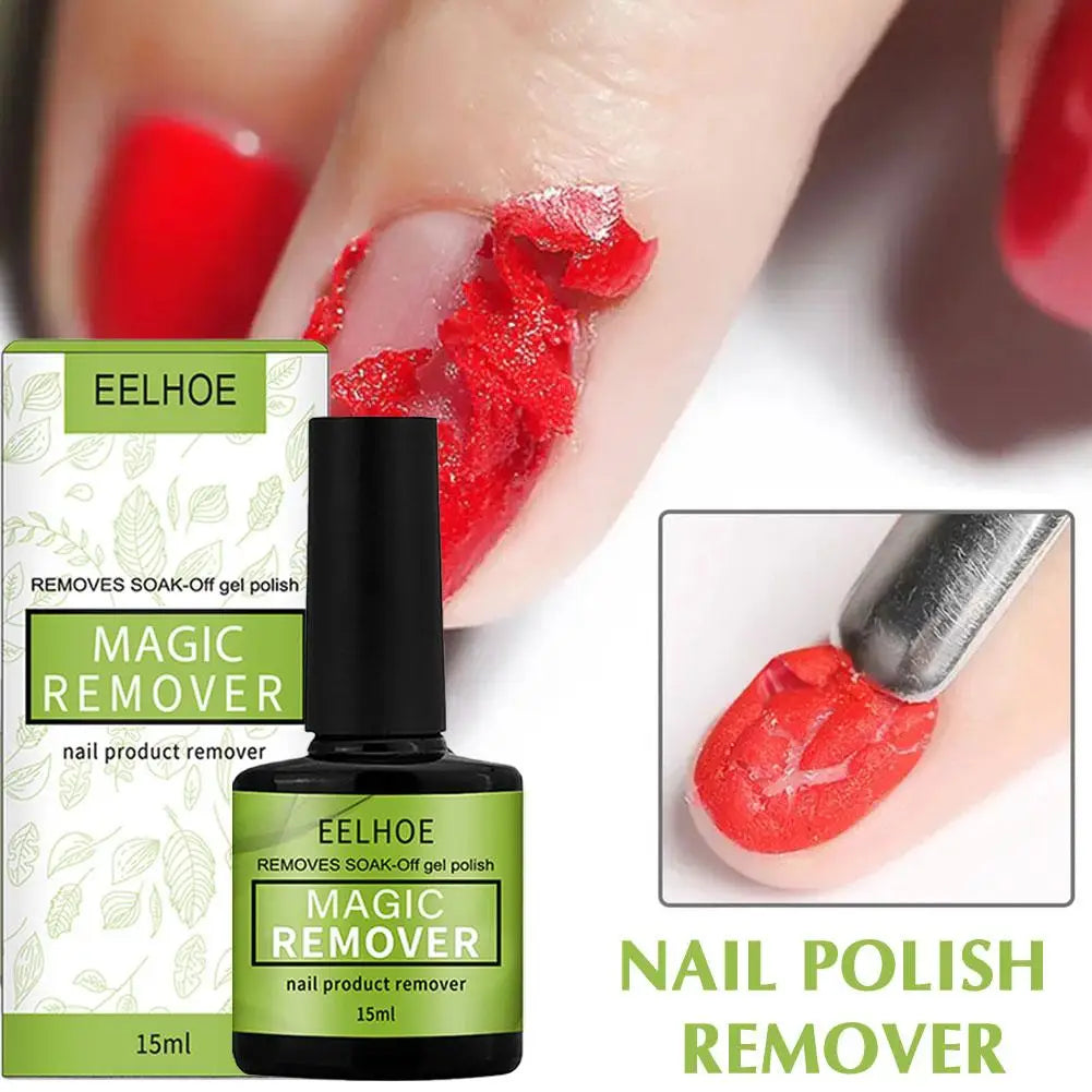 Eelhoe Magic Remover nail polish remover with packaging and usage demonstration on a blurred background.