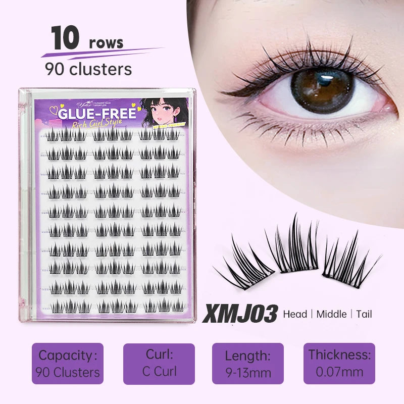 Yelix Self Adhesive Korean Manga Style Cluster Lashes 10 Row Natural Soft
