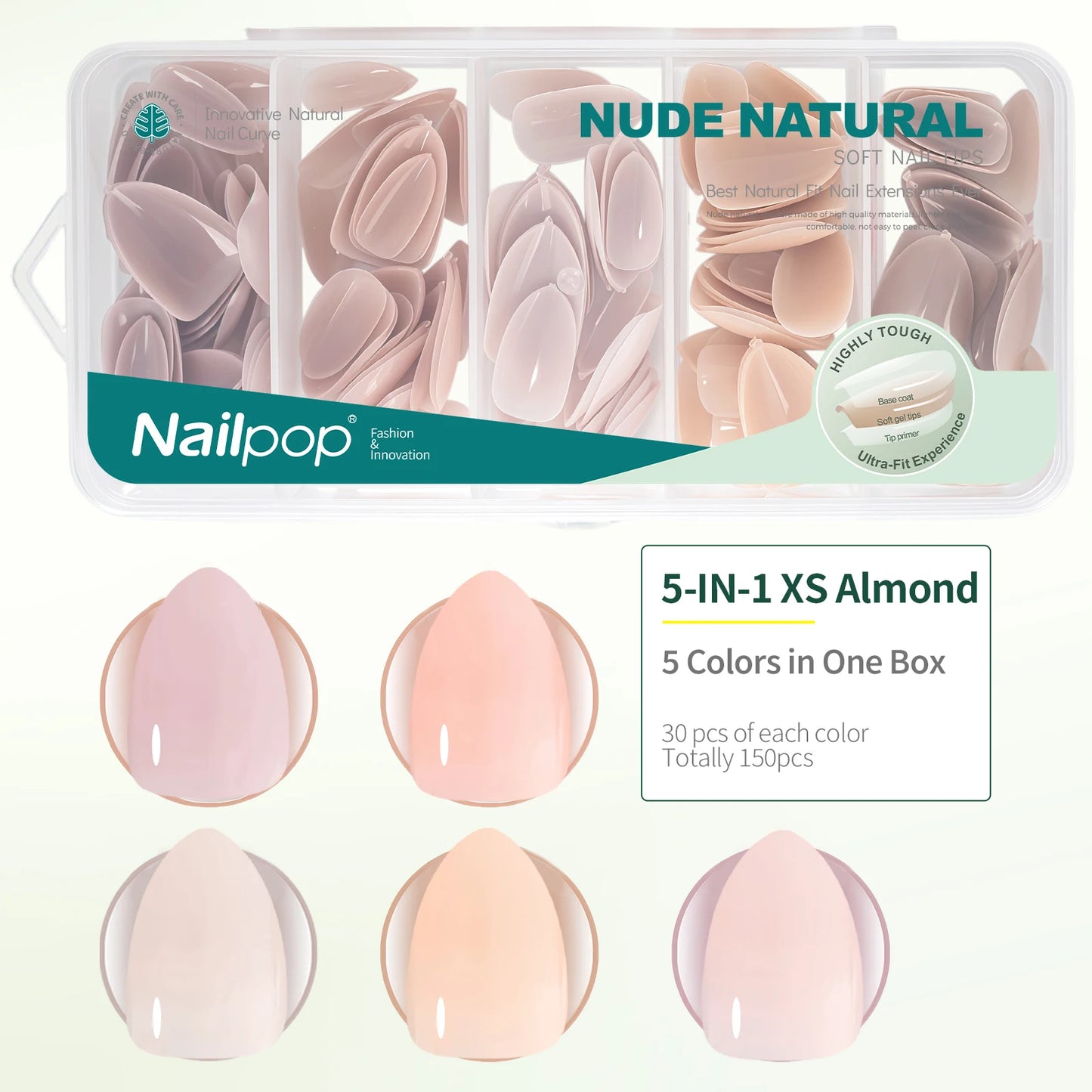 Nail pop 5-in-1 XS Almond nail extension set in nude natural color with packaging displaying brand name.