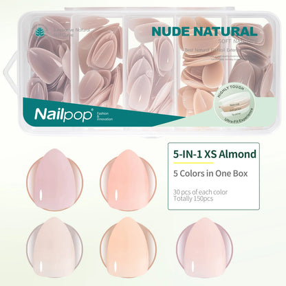 Nail pop 5-in-1 XS Almond nail extension set in nude natural color with packaging displaying brand name.