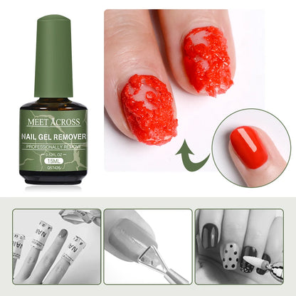 Nail gel remover bottle with red gel nails and nail care tools on a white background