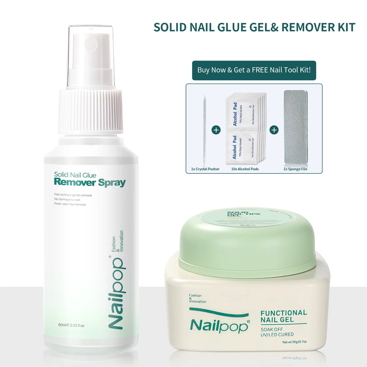 Nailpop solid nail glue gel and remover kit with spray and jar on a white background