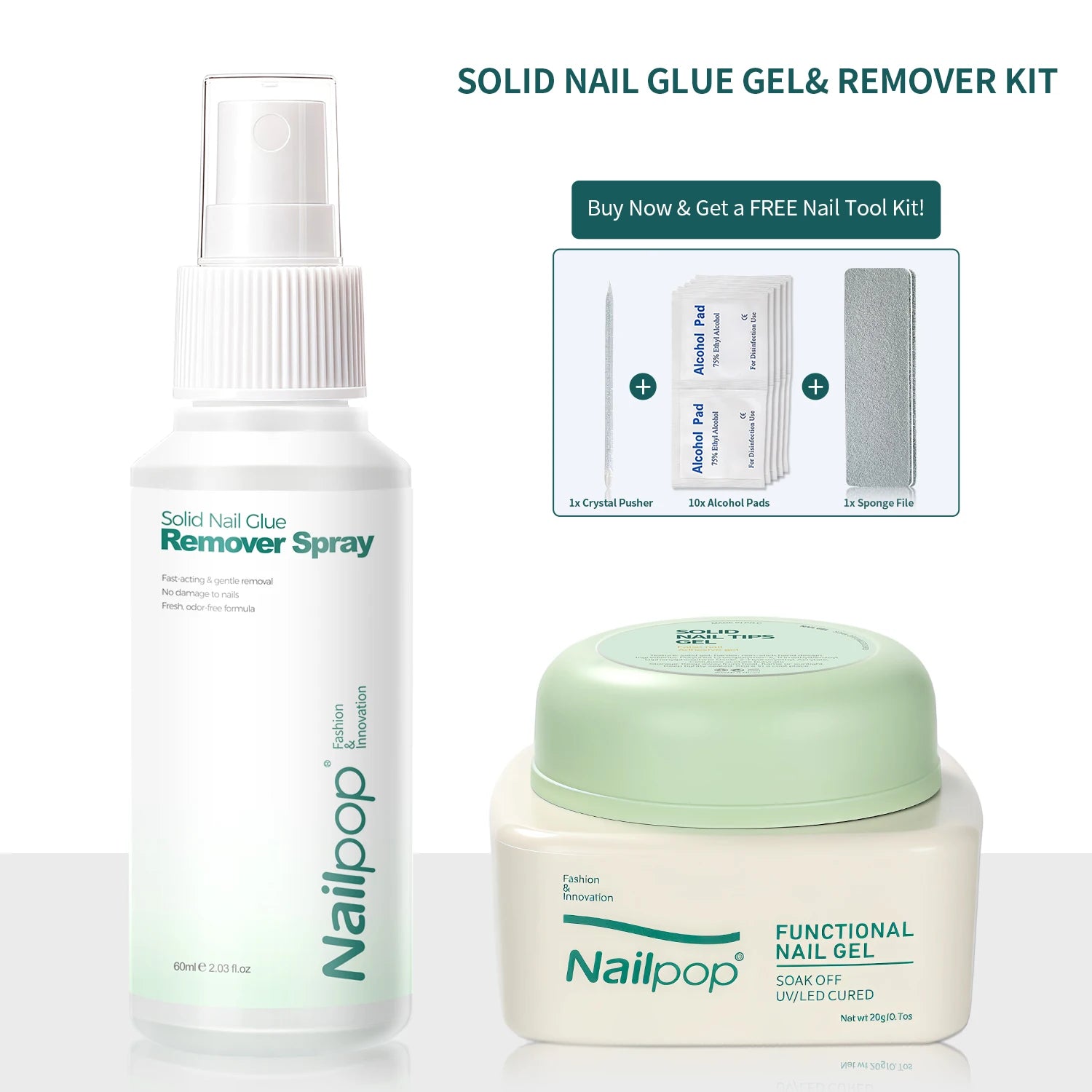 Nailpop solid nail glue gel and remover kit with spray and jar on a white background