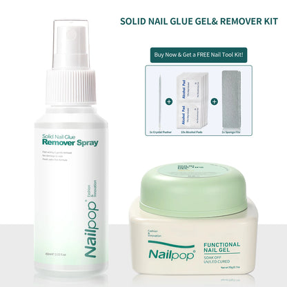 Nailpop solid nail glue gel and remover kit with spray and jar on a white background