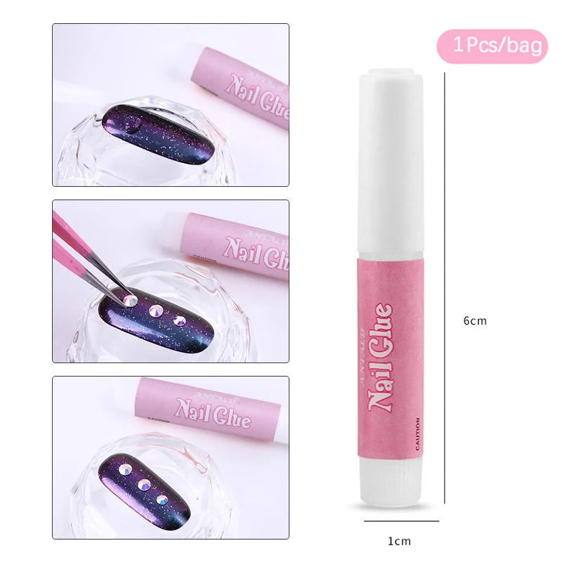 Nail glue with application on nails, measurements, and product name.