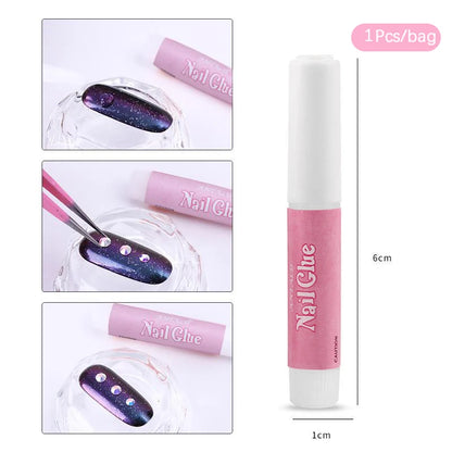 Nail glue with application on nails, measurements, and product name.