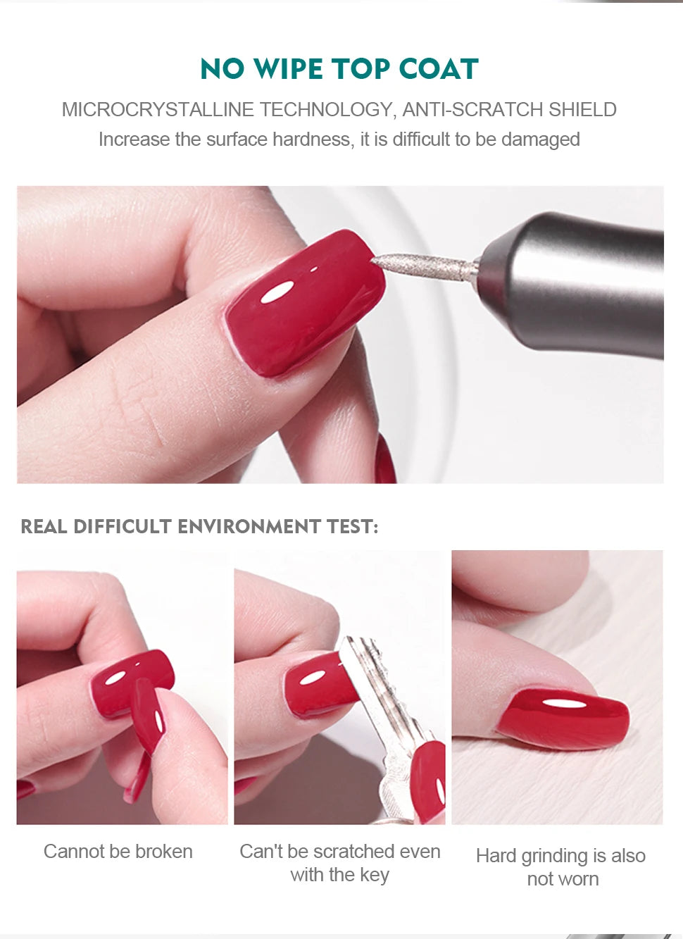 Red nail polish application with text about no-wipe top coat and nail durability.