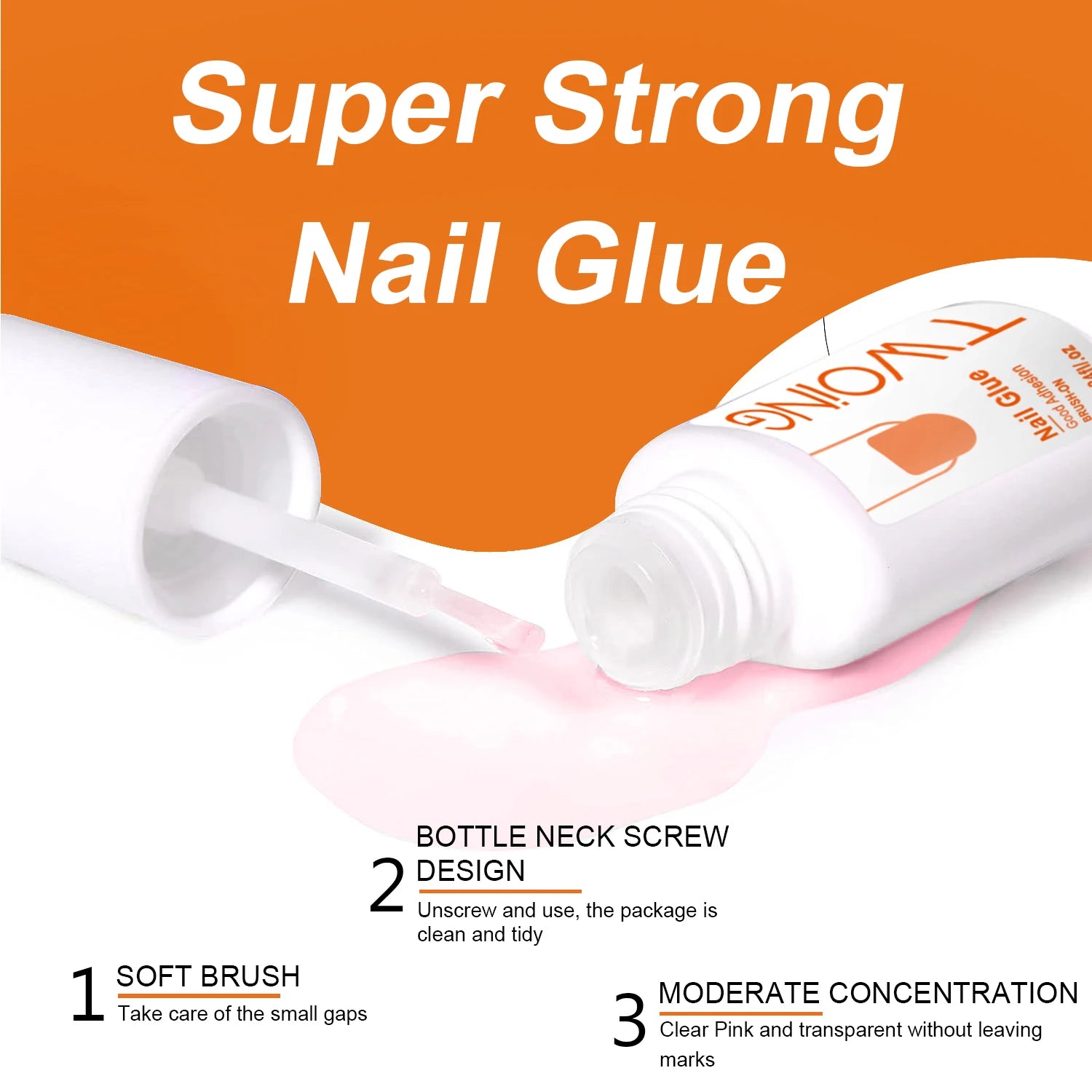 Super Strong Nail Glue with bottle neck screw design, soft brush, and moderate concentration on an orange background.