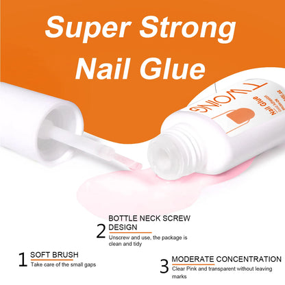 Super Strong Nail Glue with bottle neck screw design, soft brush, and moderate concentration on an orange background.