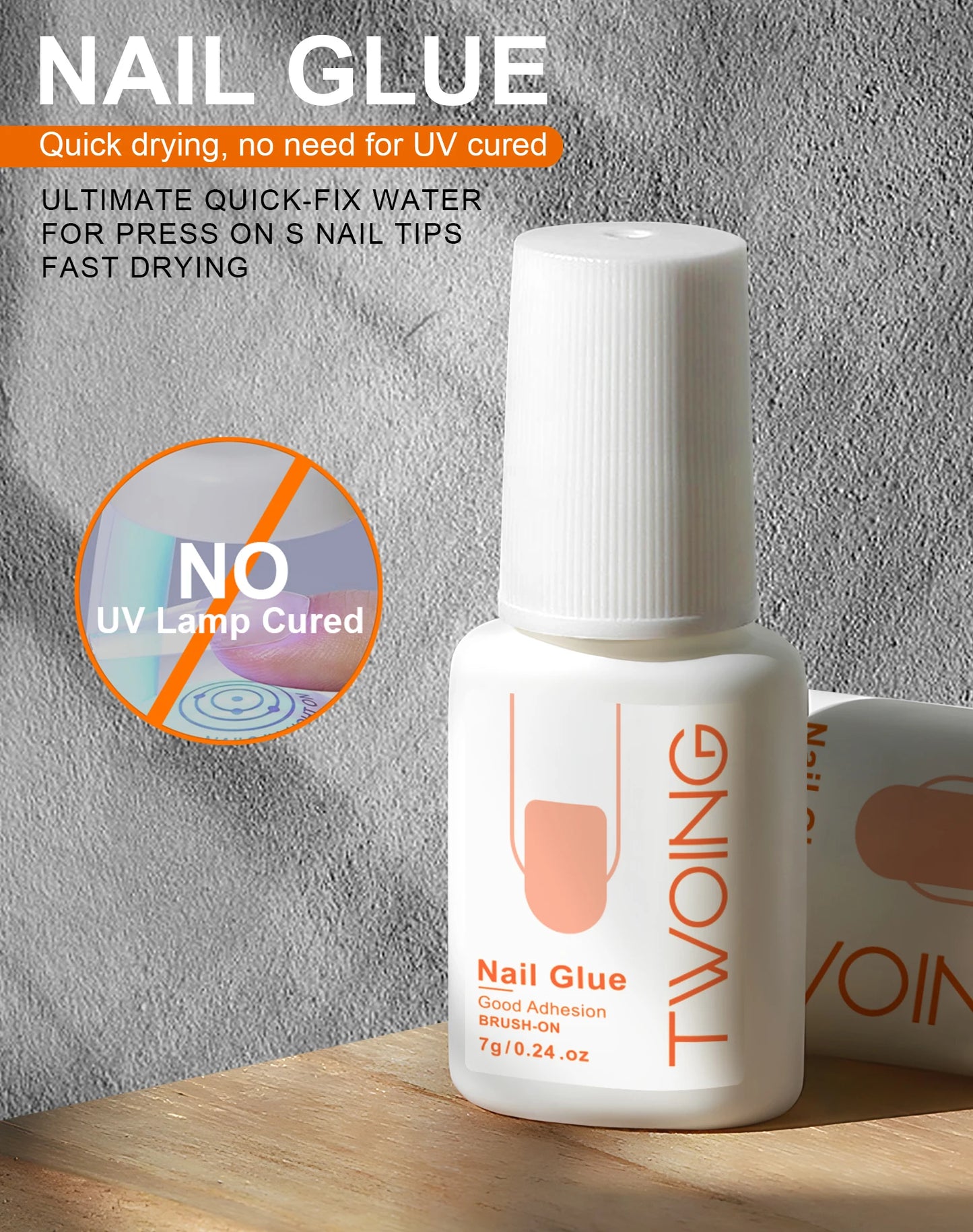 Twoing nail glue bottle with text on a gray background