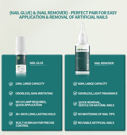 Nail glue and nail remover with product details on a green background