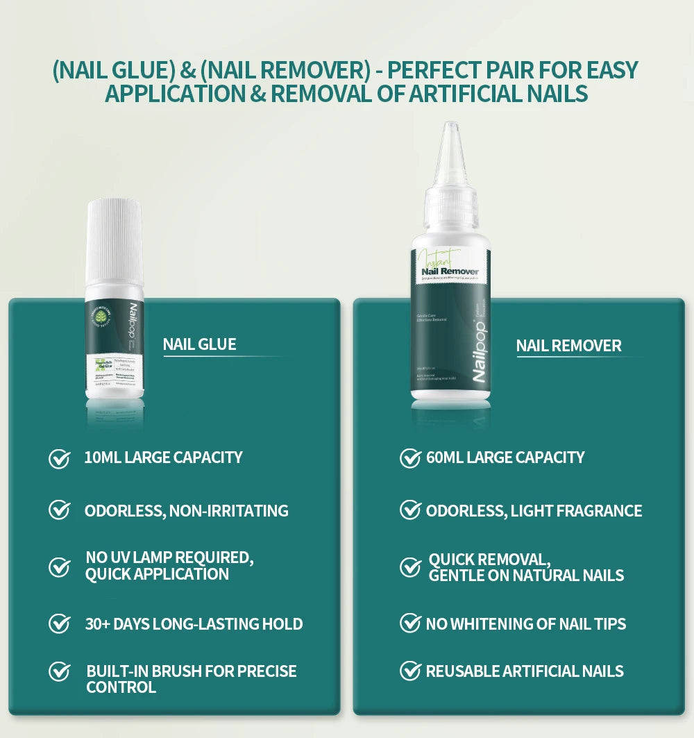 Nail glue and nail remover with product details on a green background