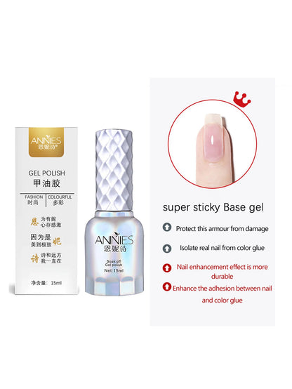 ANNIES gel polish bottle and packaging with a close-up of a nail and text about the product's features.