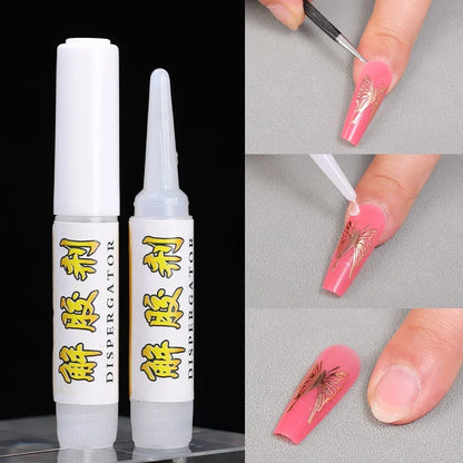 Two bottles of disperser with Chinese text, applied to a pink nail with floral design.