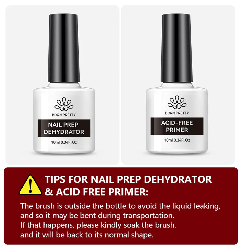 Two bottles of Born Pretty Nail Prep Dehydrator and Acid-Free Primer with product details on a white background.